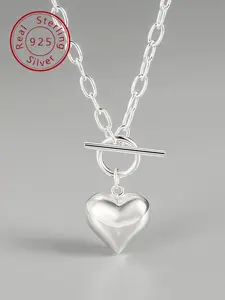 925 Sterling Silver Heart Shaped Pendant Necklace for Women & Girls, Vintage Ot Buckle Necklace for Daily Wear, Trendy All-match & Exquisite Jewelry for Birthday Gift
