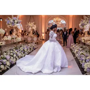 Lace Wedding Dress Long Sleeves Round Neck Big Tail