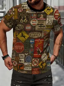 Men's Comfortable Round Neck World Cup Print T-Shirt, Casual Crop Top Without Zipper, Fitted H-Type, Daily Wear