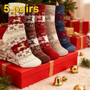 5 Pairs Deer Patterned Women Printed Thick Socks Suitable For Warm Soft Comfortable Christmas Stockings Autumn Winter Socks(Random Color)