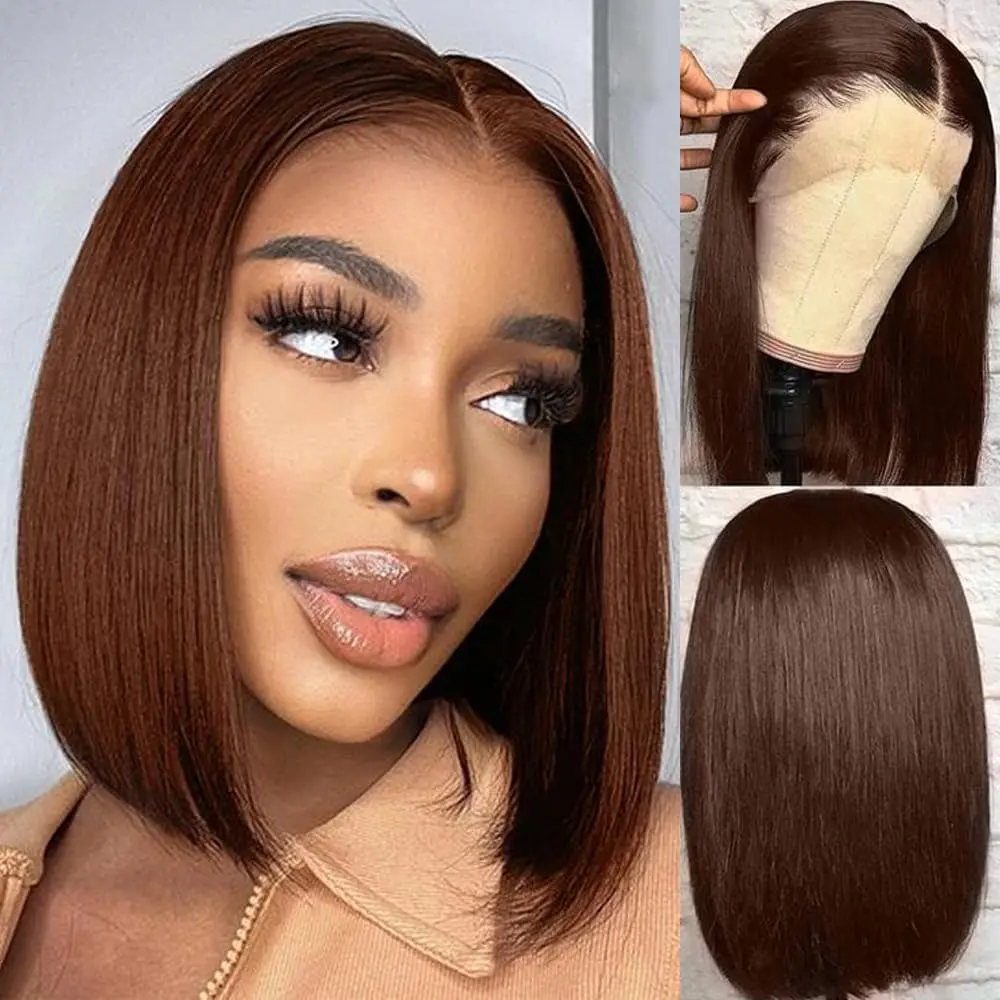 Chocolate Brown Lace Front Wig - Human Hair Straight 13x4 HD Transparent Lace Bob Wig - 150% Density #4 Bob Lace Frontal Wig With Baby Hair - Pre Plucked Lace Frontal Wigs For Women #SummerVibes