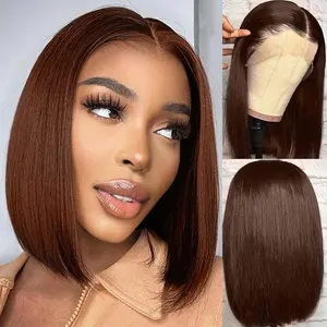 Chocolate Brown Lace Front Wig - Human Hair Straight 13x4 HD Transparent Lace Bob Wig - 180% Density #4 Bob Lace Frontal Wig With Baby Hair - Pre Plucked Lace Frontal Wigs For Women