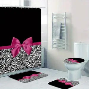 Leopard Print Bathroom Accessories, 4 Counts/set Including Shower Curtain & Toilet U-shape Mat & Bath Mat & Toilet Lid Cover, Bathroom Decor Supplies