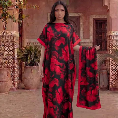 Women's 2-Piece Floral Print Kaftan Dress and Shawl Set, Boho Style, Casual All-Season Outfit, Easy to Pair, Boho Style Woven