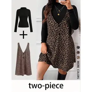 2026 New 2-Piece Set: Women's Stretch T-Shirt + Leopard Print Corduroy Loose Dress. Casual, stylish, comfortable, and perfect for everyday wear. Brown