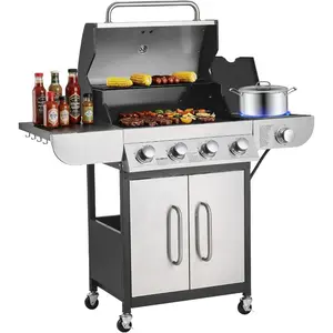Summervibes VEVOR Gas Grill, 4 Burner Propane Gas Grill with Side Burner, 425 SQ. In Grilling Area, Carbon Steel Enamel Grates, Outdoor 52, 000 BTU Patio Garden BBQ Grills with Two Side Shelves, Carbon SteelVEVOR Super Brand Day