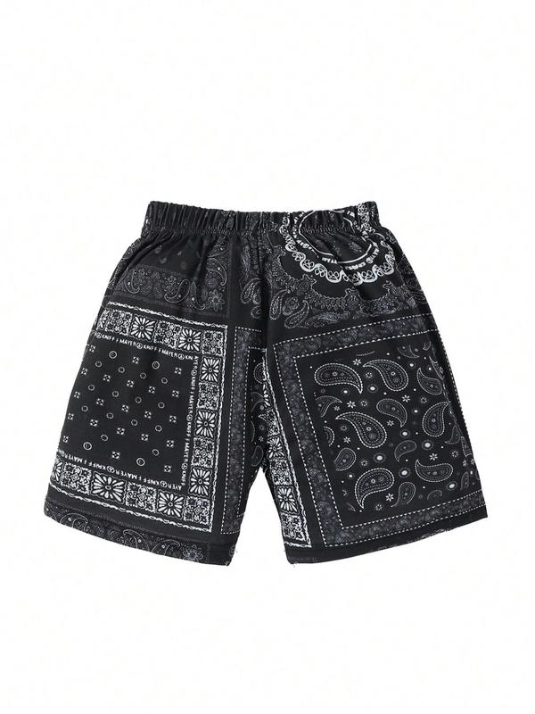 Boy's Ethnic Pattern Shorts, Casual Elastic Waist Beach Shorts for Summer, Kids Bottoms for Daily Wear