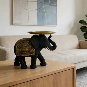 Black elephant tray decor, luxury black & gold texture. Hand-carved resin, lightweight & sturdy. The tray holds jewelry, keys or candles. Ideal for study, desk, entryway, kitchen & as gifts for Easter, Thanksgiving, Father’s Day, Mother’s Day
