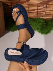 Women's Fashionable Denim Design Dark Wash Platform Sandals, Casual Comfortable Sandals for Summer, Female All-match Round Toe Sandals for Beach Vacation, Girl