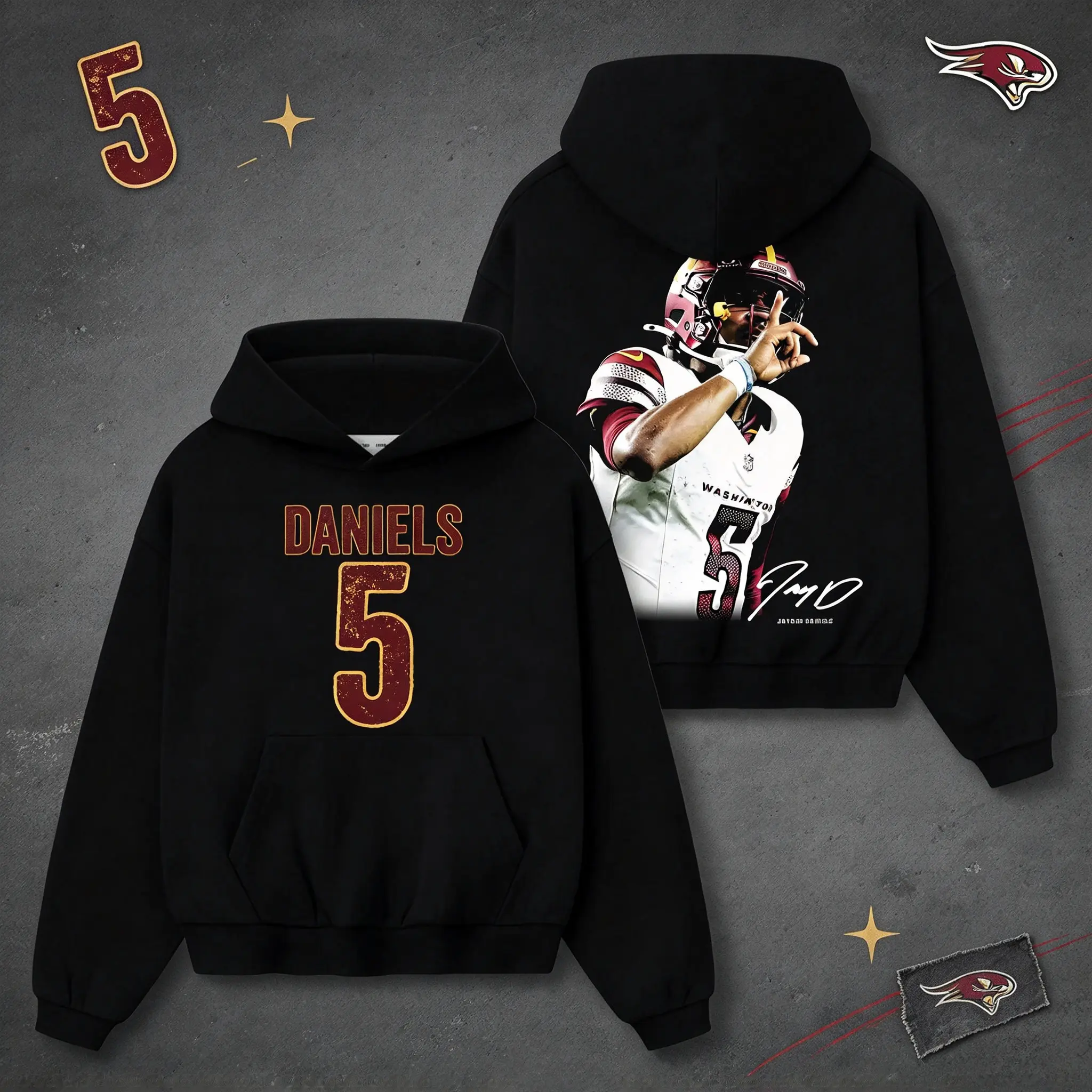 Jayden Daniels 5 Lightweight 100% Cotton Hoodie - JD5 Commanders Themed Hoodie for Sunday Football Game Day Outfits