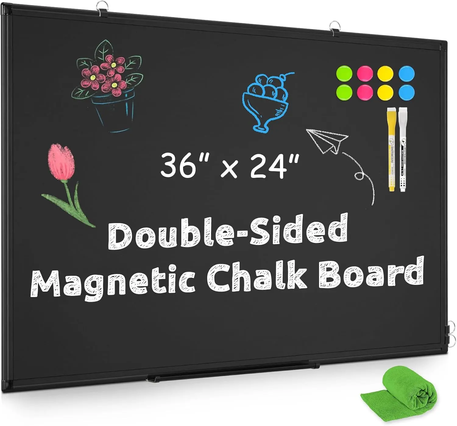 Chalk Board, 36x24 Black Chalkboard Double-Sided Dry Erase Board  Blackboard for Wall, Black Framed Small Chalk Board , School, Office, Kitchen