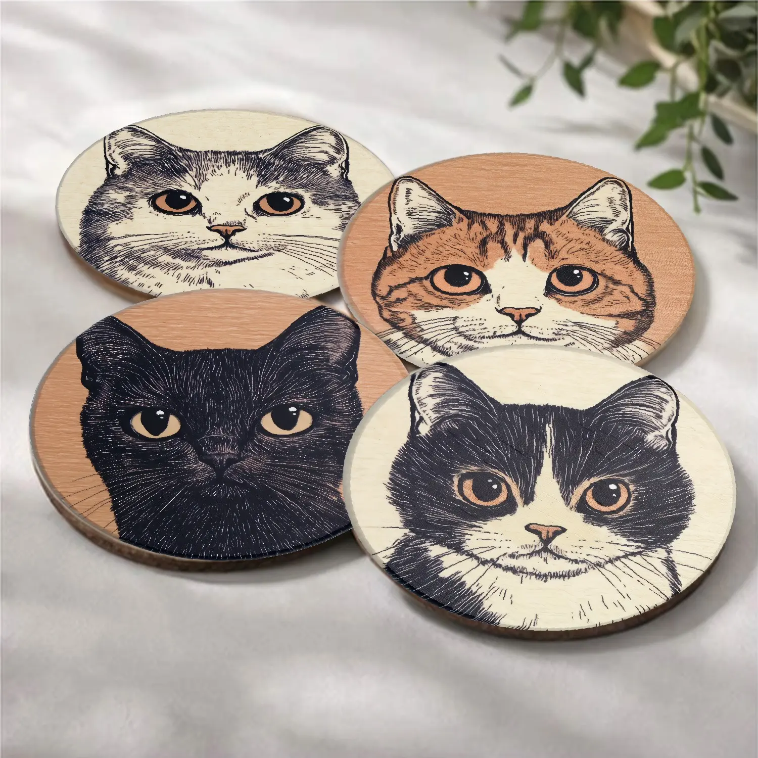 Aesthetic Whimsical Cat Wooden Coasters Set of 4 – Adorable 3D-Effect Kitty Print Non-Slip Heatproof Round Decorative Cup Mats for Desk Shelf Coffee Bar – Fantasy Summer Room Decor – Viral Cute Home Accent Gift for Cat Lovers