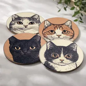 Aesthetic Whimsical Cat Coasters Set of 4 – Adorable 3D-Effect Kitty Print Non-Slip Heatproof Round Cup Mats for Desk Shelf Coffee Bar – Fantasy Summer Room Decor – Viral Cute Home Accent Gift for Cat Lovers