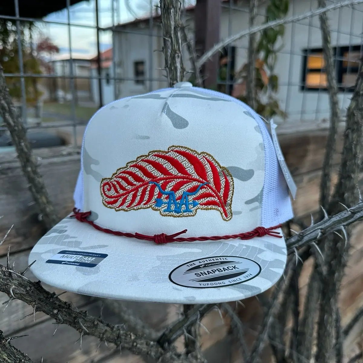 Marfa Hat Company Peacock Feather Hat with Leaf Design, Adjustable Strap, and Logo Patch
