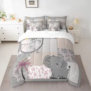Elephant 7 Pieces Bedding Set,Cartoon Animals Comforter Set for Boys Girls Palm Leaves Bed Set