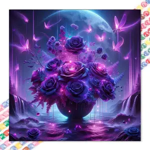 1 set DIY diamond painting kit, 5D diamond art set, DIY decoration purple rose, dreamy moonlight, flying fireflies mosaic, diamond art, DIY art home decoration, Wall Art Painting, suitable for Christmas.