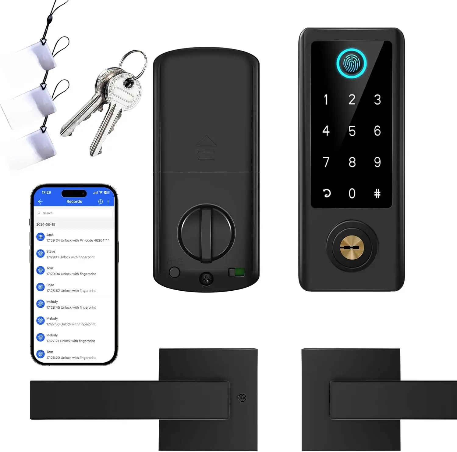 Fingerprint Door Lock with Handle Set, Full App Control,  Digital Touchscreen Keypad, Deadbolt  Locks for Front Door, Auto Lock, Black