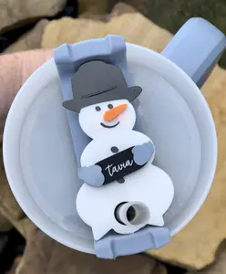 Tumbler cup name tag, Snowman cup topper, Water bottle name plate, Personalized name tag for water tumblers