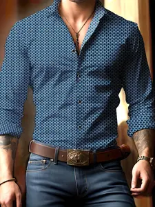 Men's Regular Fit All Over Print Long Sleeve Shirt, Casual Comfy Top for Spring & Fall, Fashion Men's Clothes for Daily Wear