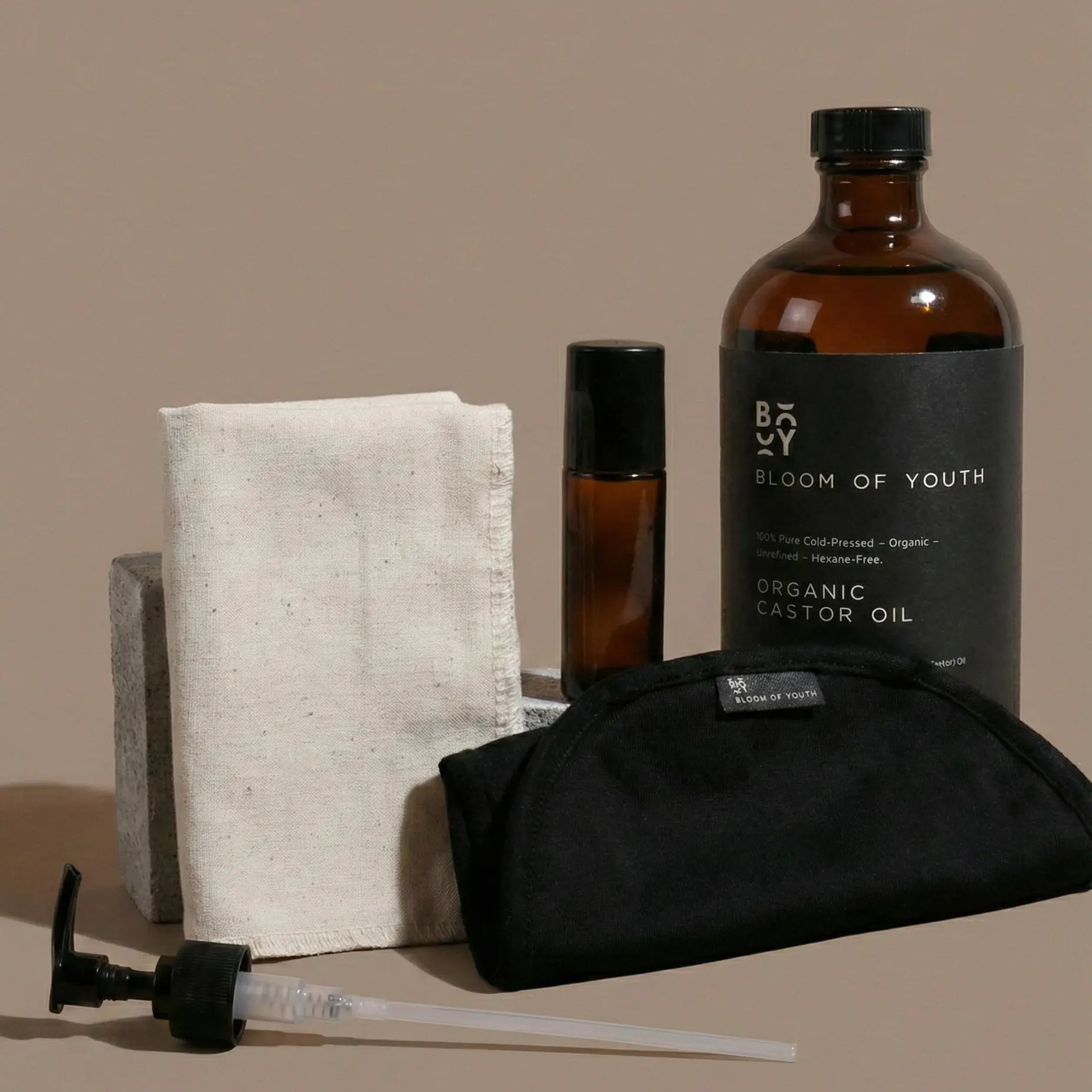 Bloom of Youth Organic Castor Oil Pack Kit 16oz | With Empty 50ml European Glass Roller Bottle For Mess Free Application | For Hair, Skincare, Face, Joints, Carrier oil, Body