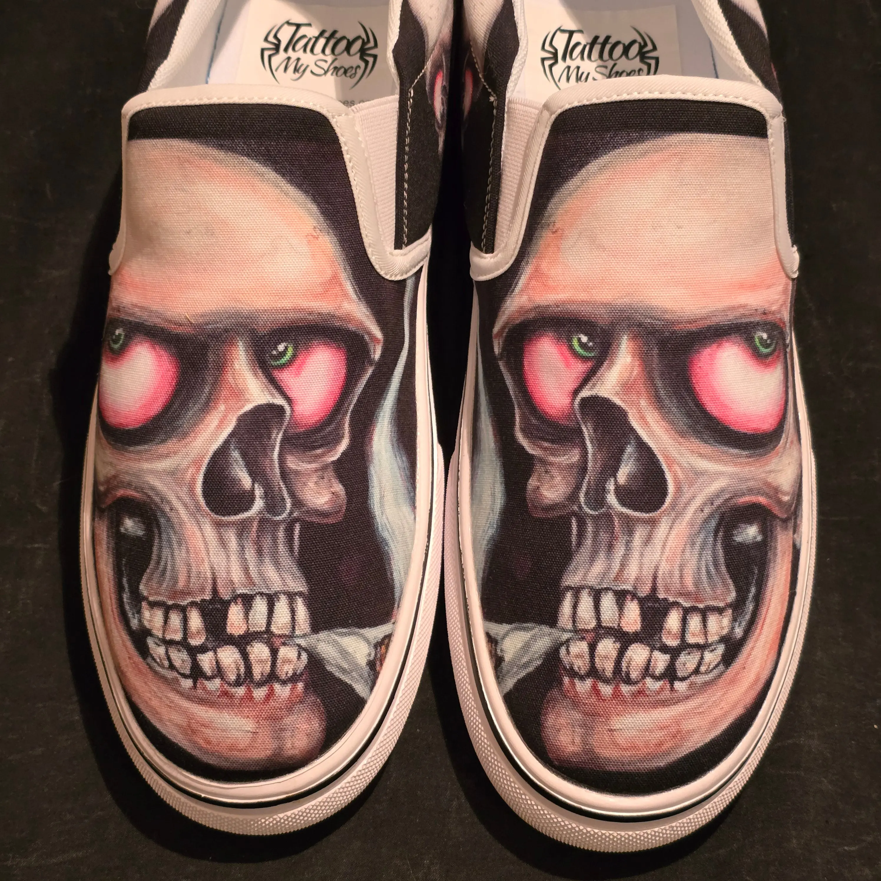 Low-Top Collector's Sneakers with Gill Montie M12 Smoking Skulls Print, Unisex Signature Ink Tattoo Art Footwear, Skull Art