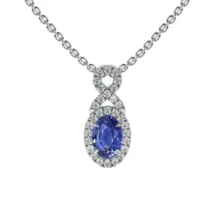 Oval Cut Blue Sapphire Twist Halo Pendant (0.80cttw)- PBS002-6X4-AAA