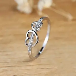 Love zircon ring for women, sweet double heart ring, fashionable and versatile gift for girlfriend
