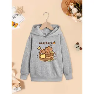 Cozy Capybara & Friends Girls' Hoodie KN644720 - Long Sleeve Green Polyester Sweatshirt with Cute Cartoon Print Machine Washable for Spring Autumn Leisure