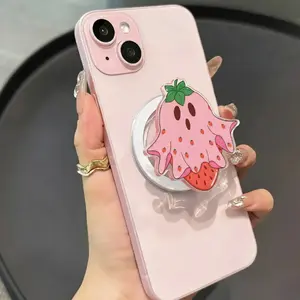 Pink Strawberry Ghost Phone Grip, Cute Girly Phone Accessory, Magsafe Pop Socket, Gift For Her