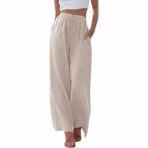 Women's Wide Leg Linen Pants High Waisted Flowy Palazzo Trousers for Summer Beach Casual Wear Lightweight Breathable with Drawstring Closure Side Pockets Chic Breezy Style Apricot & Black