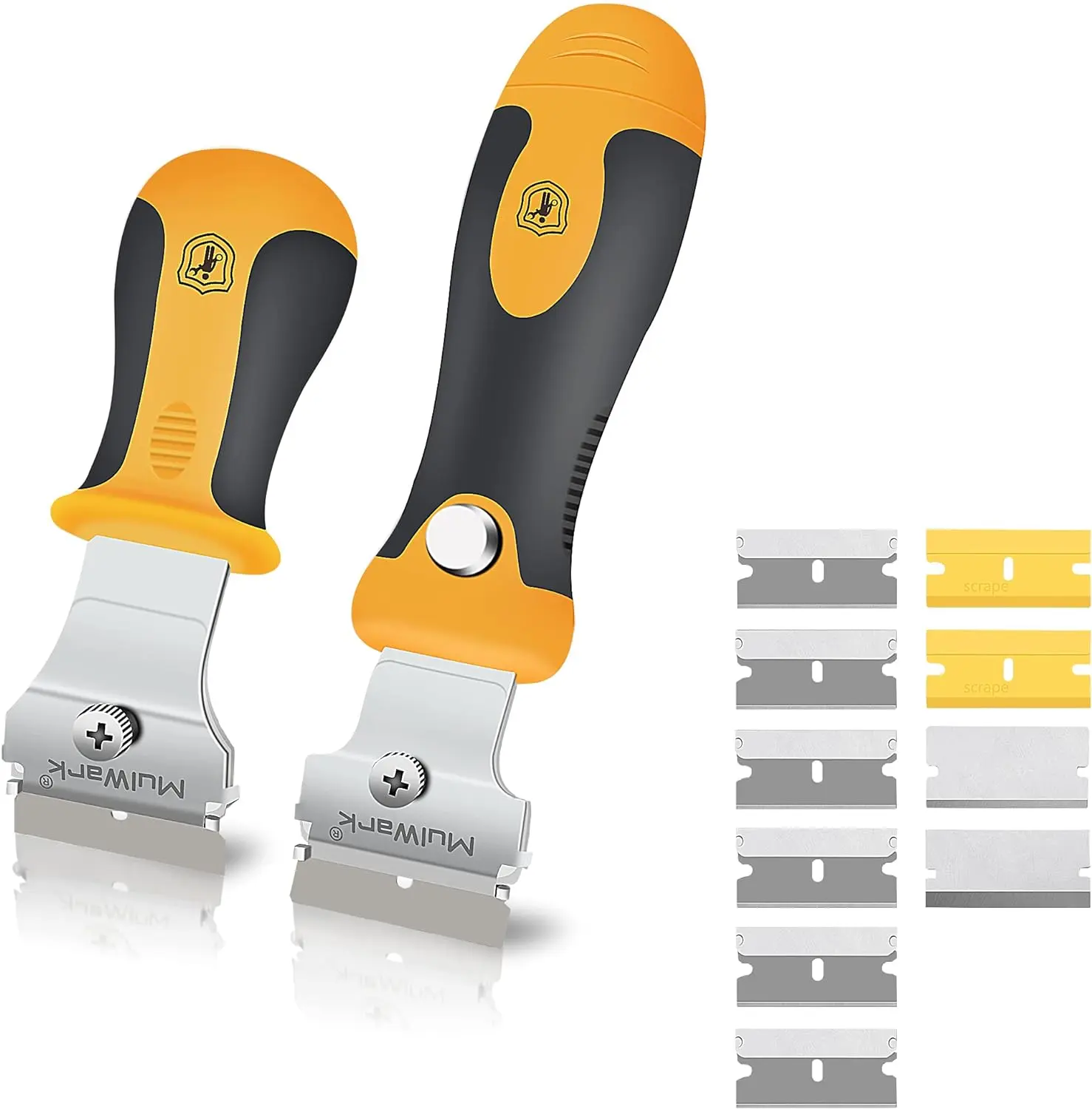 MulWark Multi-Purpose Razor Blade Scraper Set | 12-Piece Cleaning Tool w/ 10 Extra Blades - Window, Glass, Paint, Oven Scraper, Extendable Handle