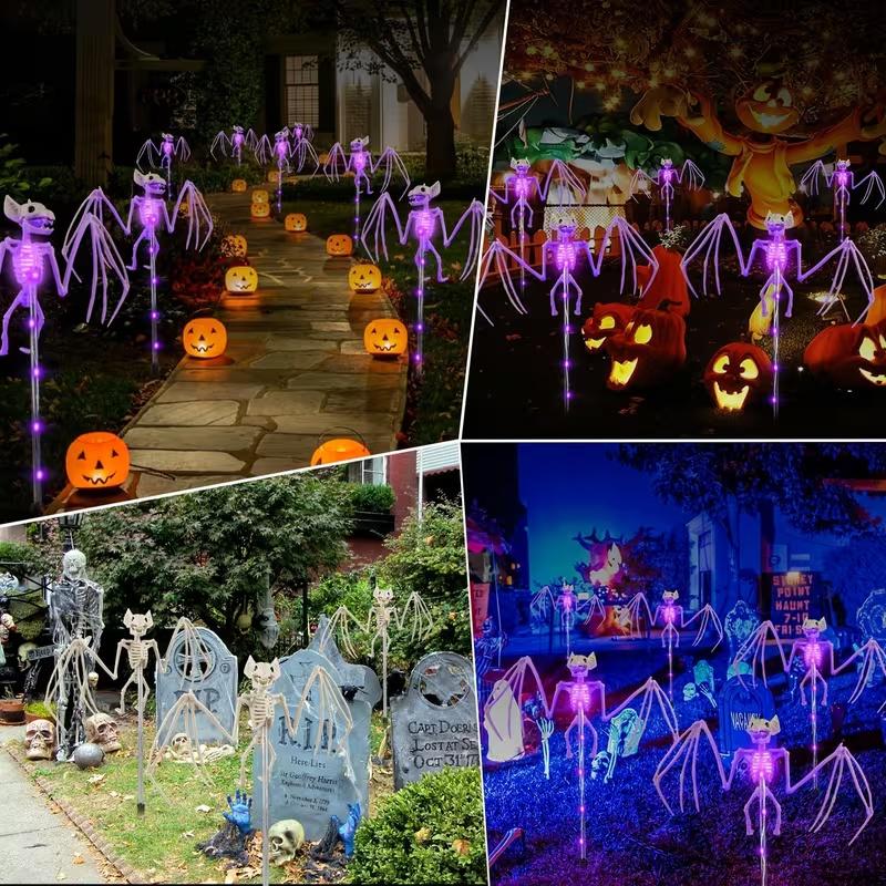 4pcs Solar-Powered Halloween Outdoor Garden Lights, 3D Scary Realistic Bat & Skeleton Decorations, Purple Spooky Street Lights for Cemetery, Courtyard, Halloween Party Decor