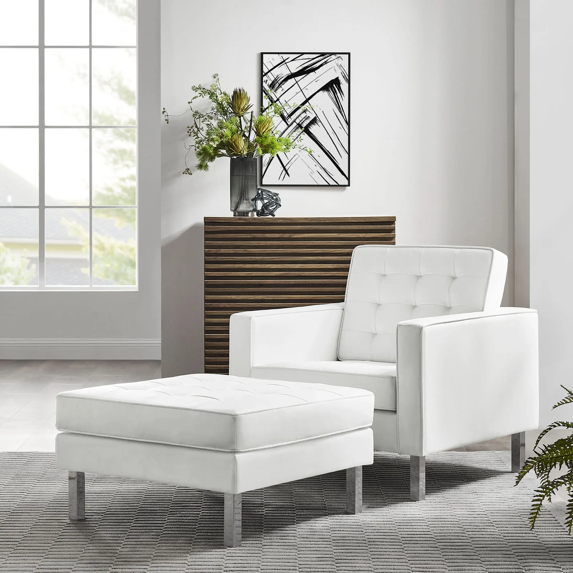 Loft Biscuit Tufting PU Leather Armchair and Ottoman Set - Silver White, Stainless Steel Legs, Durable, 330 lbs Capacity, Requires Assembly, Modern Indoor Living Room Furniture for Lounge Space, Assembly Required