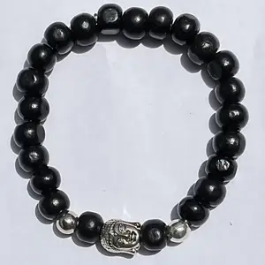 Black Wood Beads And a Metal Buddha Bracelet