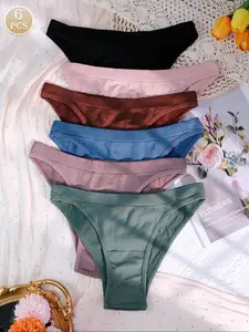 6Pcs of Women's Panties -Soft & Comfy Stretchy Ribbed Medium Women's Briefs for Maximum Comfort!-Mixed Solid Color