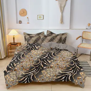 Three-Piece Set 100% Polyester Printed Quilt Cover, High-End Flocking Craftsmanship, Comfortable Plant Geometric Floral Design, Duvet Covers