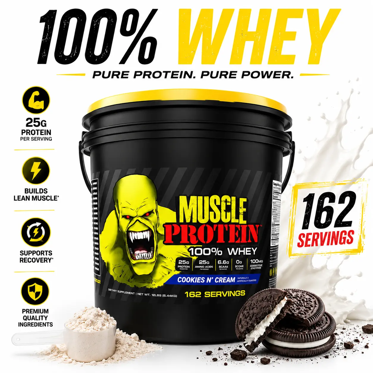 Goliath Labs Muscle Protein (12 lb) - 100% Whey Protein Powder, Muscle Growth, Gym, Fitness, Recovery, Protein Bucket