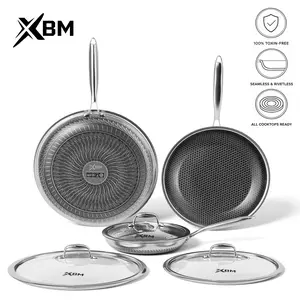 XBM Professional Hybrid Nonstick Frying Pan / Set - Rivetless Seamless Interior, 100% PFOA/PTFE Free Ceramic Honeycomb Skillet, Tri-Ply Stainless Steel, Induction & Oven Safe - Single Pan (7/8/10/12in) OR 3-Pc Set (With/Without Lids) Cookware Glass