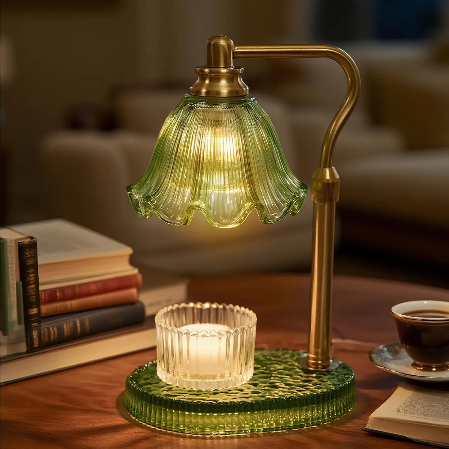 Candle Warmer Lamp with Adjustable Height - Flameless 4-Level Dimmable Wax Warmer, Timer Function & Stylish Design in Multiple Colors(Greener)