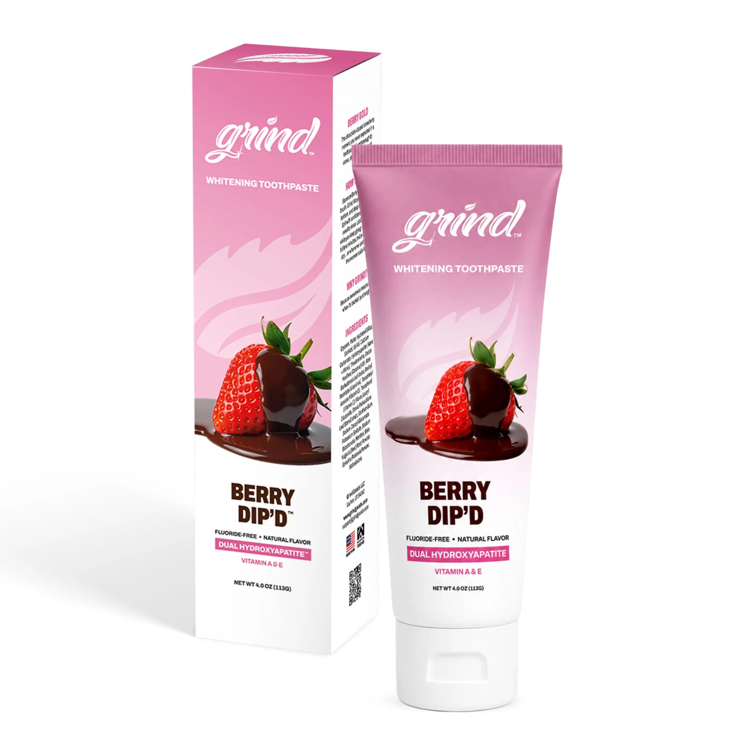 Grind Berry Dip'd Fluoride Free Toothpaste, Dual Micro + Nano Hydroxyapatite Whitening Toothpaste, Chocolate Covered Strawberry Flavor, Gentle on Sensitive Teeth, 4 oz