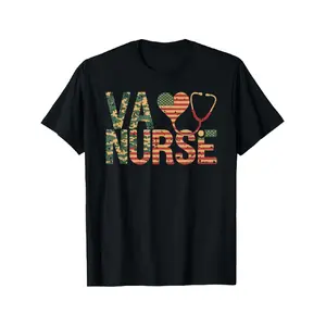 VA Nurse Stethoscope Heart & American Flag Camo T-Shirt - Apparel Gift for Veterans Day, Christmas, Graduation - Unisex Casual Loose Fit Tee for VA Hospital Events Graphic Oversized Comfy Print