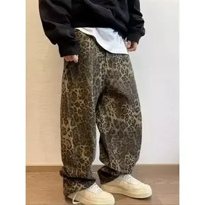 Men's Leopard Print Wide Leg Jeans, Loose Casual Fashion Comfy Denim Trousers for Daily Wear, Baggy Jeans for Men, Fashion Men's Loose Straight Leg Bottoms for All Seasons, Cotton, Baggy Trousers, Menswear, Oversized PantsGift