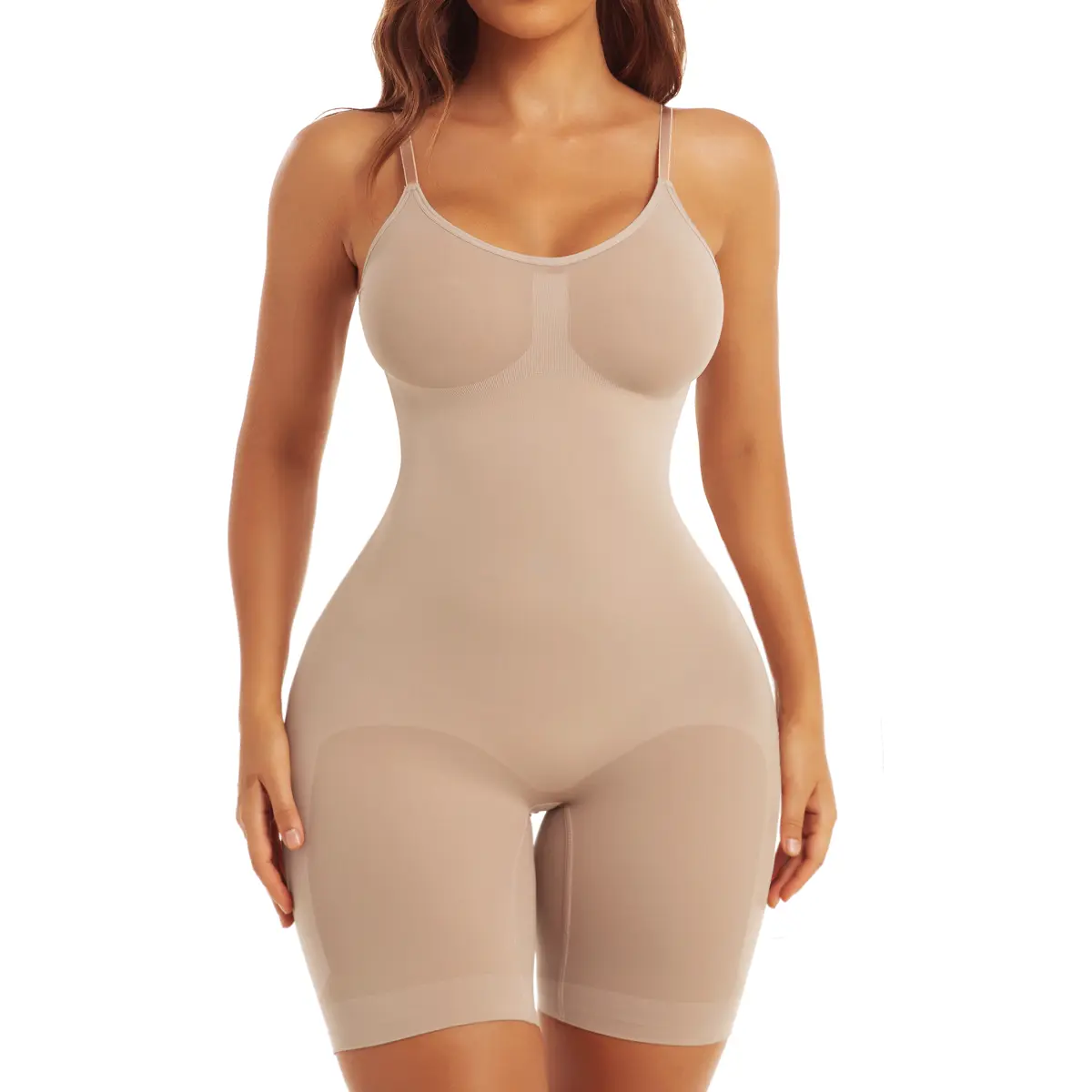 Women's Minimalist Seamless Spaghetti Strap Shorts Bodysuit - Adjustable Compression Shapewear with Tummy Control, Butt Lifting, Belly Coverage for Everyday & Workout Use