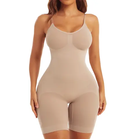 Women's Seamless Elastane Shapewear Shorts Bodysuit - Highwaist Girdle, V-Neck Adjustable Strap, Tummy Control, Butt Lift, Adjustable Compression, Buckle Detail, Underwear for Women, Body Slimming for Everyday & Athletic Use