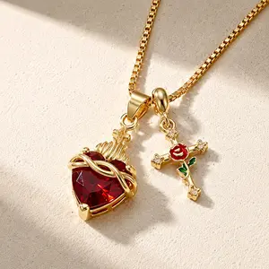 Women's 14K Gold Plated Sacred Heart Necklace - Dainty Box Chain, Catholic Ruby Red Zirconia Pendant, Rose Cross Religious Protection Talisman Gift anniversary romantic cuban link