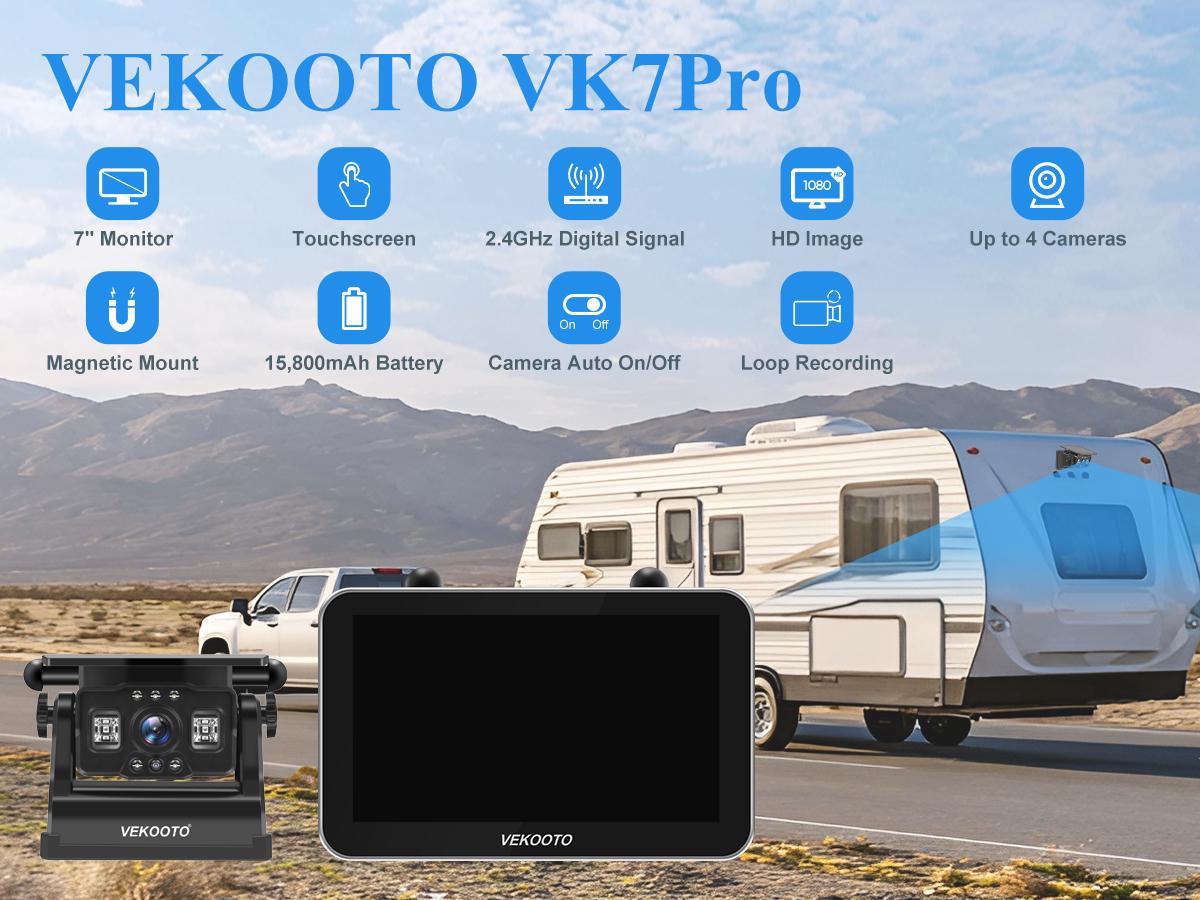 VEKOOTO VK7 Pro Magnetic Solar Wireless Backup Camera 7'' IPS Touchscreen Monitor IP69 Waterproof HD1080P No Wiring Rechargeable Camera for RV Trailer Camper Blind Spot Truck Automotive Backup Camera for Truck IR Night Vision farmer toolupgrade