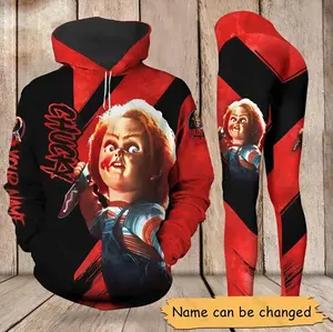 Chucky Doll Child’s Play Hoodie and Leggings Set – Personalized 3D Printed Bloody Knife Horror Outfit for Halloween Fans