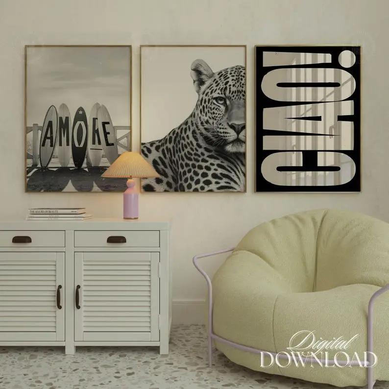 Black & White Set Of 3 Trendy Skateboard Poster, Maximalist Fashion, Chic Y2k Leopard, Funky Ciao Amore Wall Decor