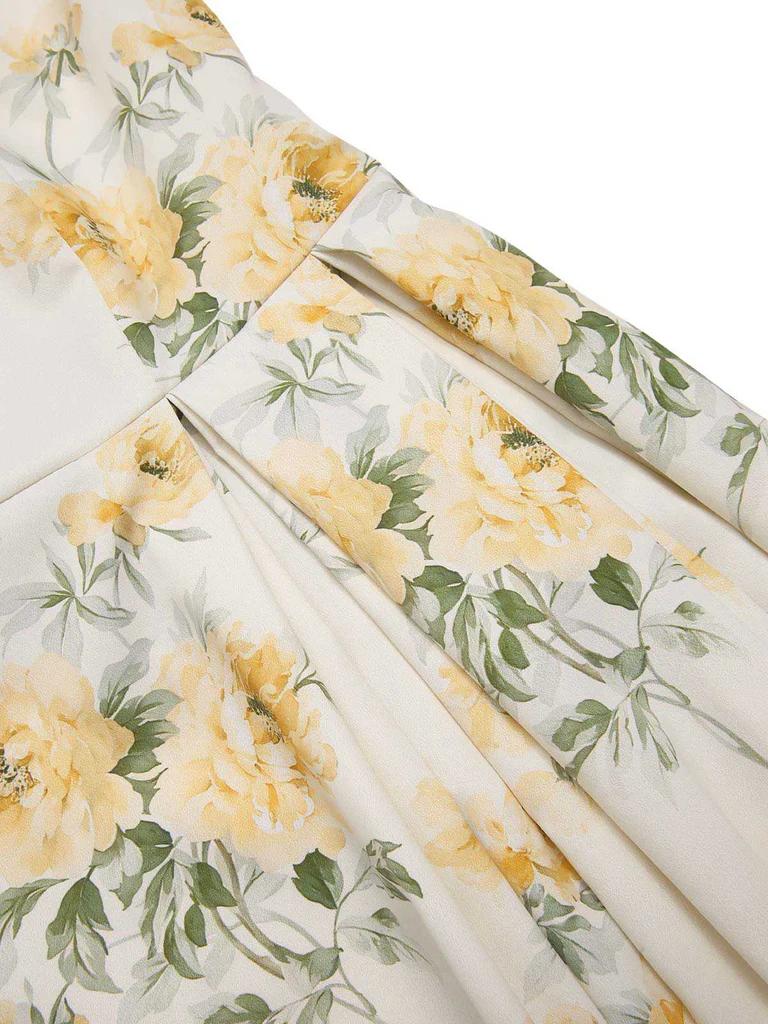 Yellow 1950s Boat Neck Antique Floral Dress Spring Vacation Womenswear Fitted Casual Sleeveless