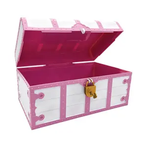 Teacher Created Resources Plastic Treasure Chest Gift Box with Lock & Key, Pink & White Toy Storage Box & Bathroom Organiser for Home Organization